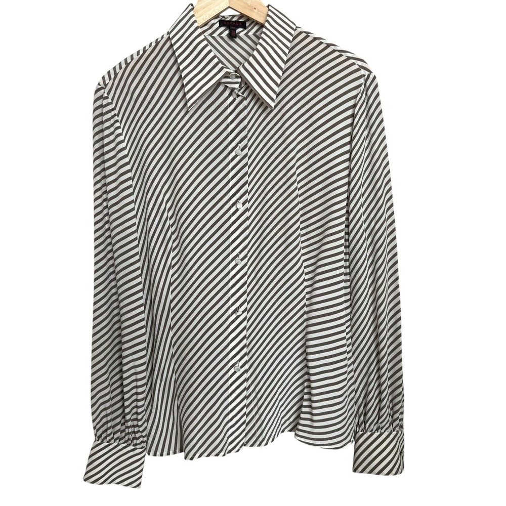 Escada Silk Brown Diagonal Striped Long Sleeve Button Up Shirt 42 Office Luxury